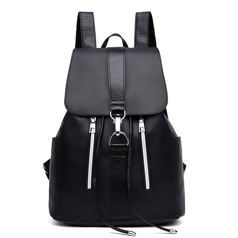 Women's Oxford Cloth Flap Backpack Zip School Bag Drawstring Daypack