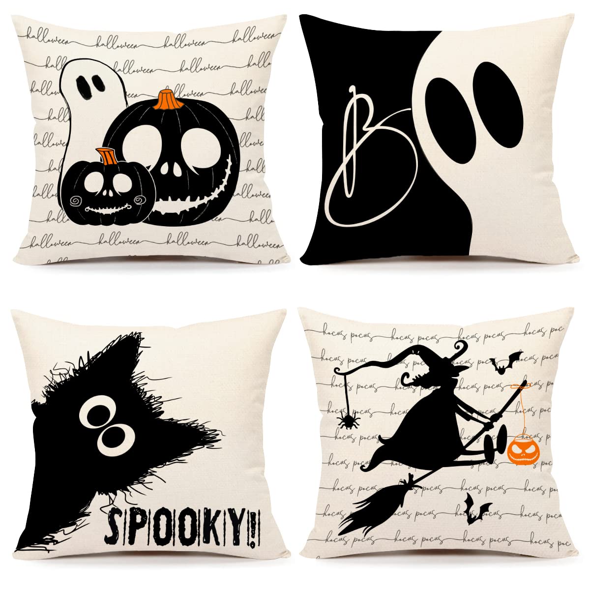  Fukeen Happy Halloween Pillow Covers 18x18 Inch Set of 4 Trick  or Treat Spooky Boo Ghost Horror Pumpkin Cat Bat Skull Fall Farmhouse Decor  Throw Pillow Cases Black and White Halloween