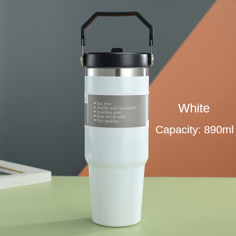 1pc White 30oZ Straw Coffee Insulation Cup With Handle Portable Car  Stainless Steel Water Bottle Large Capacity Travel BPA Free Thermal Mug