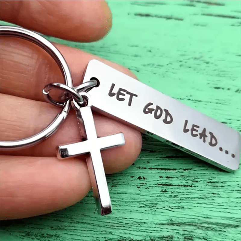 1 PC Metal Cross Keychain, Let God Lead Letter Graphic Religious Keychain for Temu