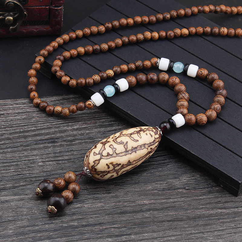 Vintage Wooden Necklace, Wooden Beads,long Bodhi Pendant, Sweater