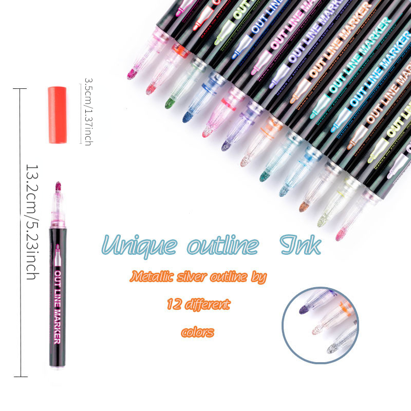 Outline Markers Pens Shimmer Markers - 12 Colors Shimmer Marker Set for  Doodling, Super Squiggles Outline Markers for Kids Ages 8-12, Double Line  Pen