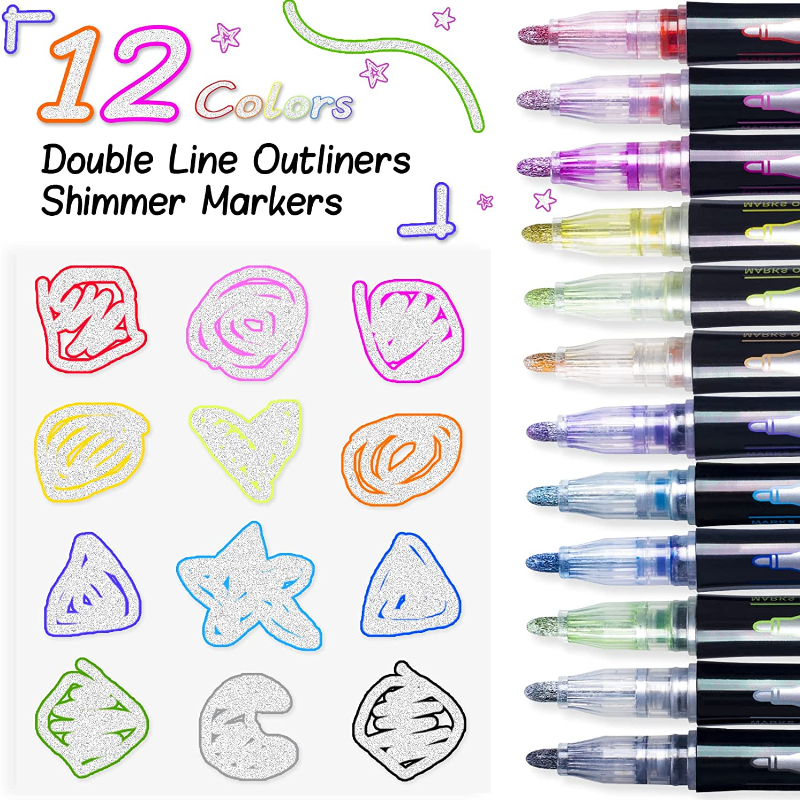 Super Squiggles Outline Markers Shimmer Markers Set, SuperSquiggles Outline  Markers Double Line Pens for Card Making Paint Markers for Craft Supplies  Glitter Pens for Photo Album Scrapbook