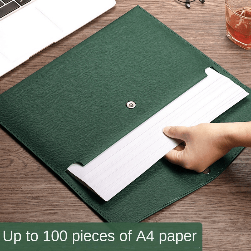 Green PU Leather A4 File Folder Document Holder Waterproof