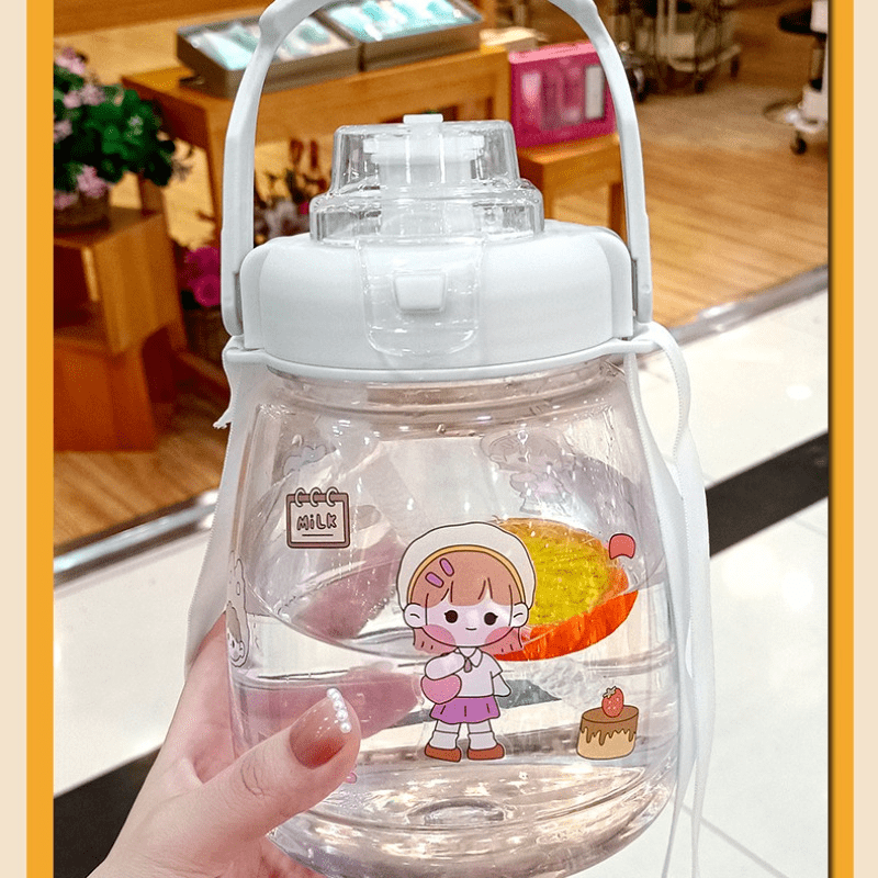 1pc Cartoon Water Bottle With Strap Clear Plastic Water Cups