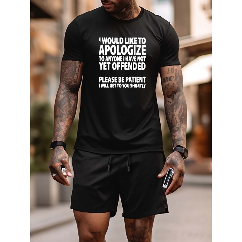 

Plus Size Men's Set, "apologize" Slogan Graphic Print T Short-sleeve T Shirt Shorts Set For Summer, Men Clothing