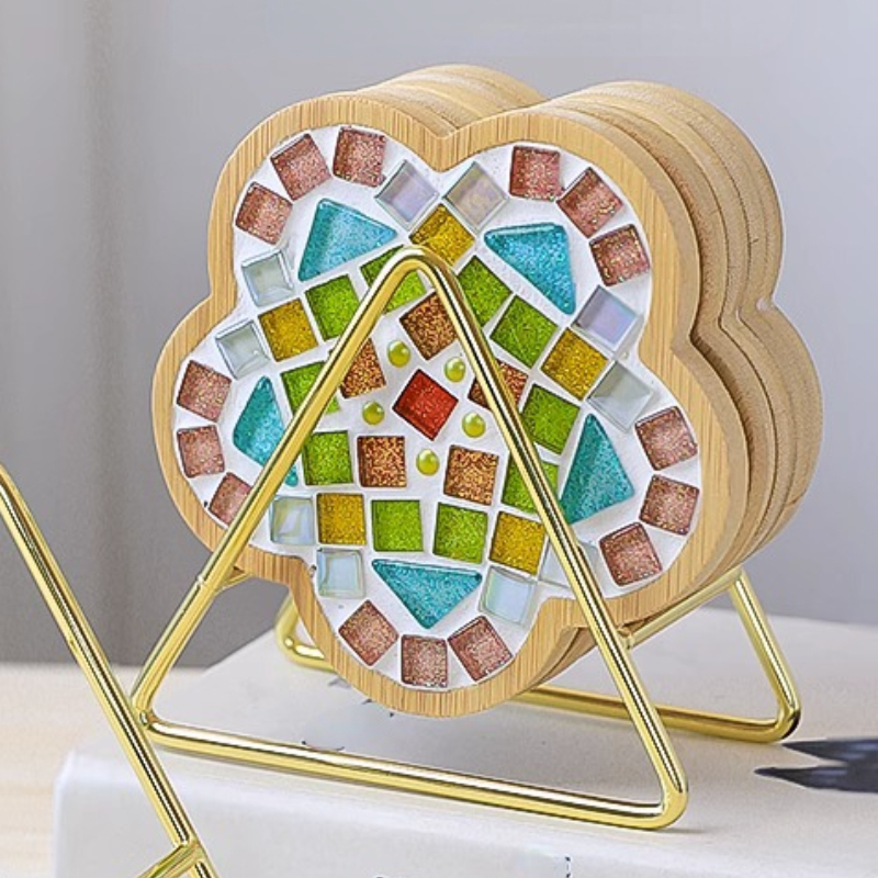 Handmade DIY Mosaic Cup Mat Bottom Bamboo Pad Heart Square Coaster