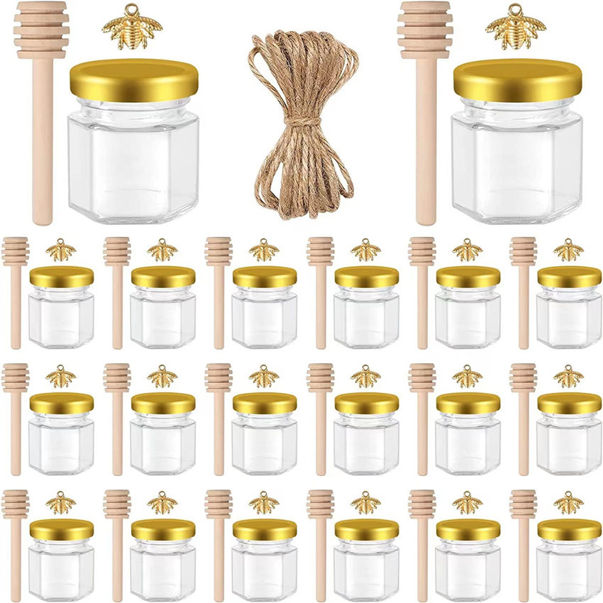 32 Pcs 1.5 oz Hexagon Jars/Glass Jars with Gold Lids, Small Mason