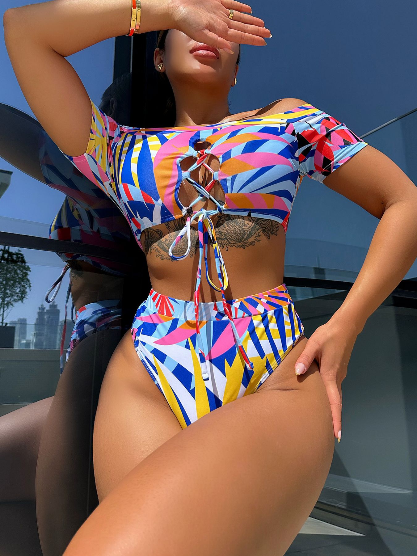 Geometric Print Multicolored Bikini Sets, Tie Front Short Sleeves High Cut  Two Pieces Swimsuit, Women's Swimwear & Clothing