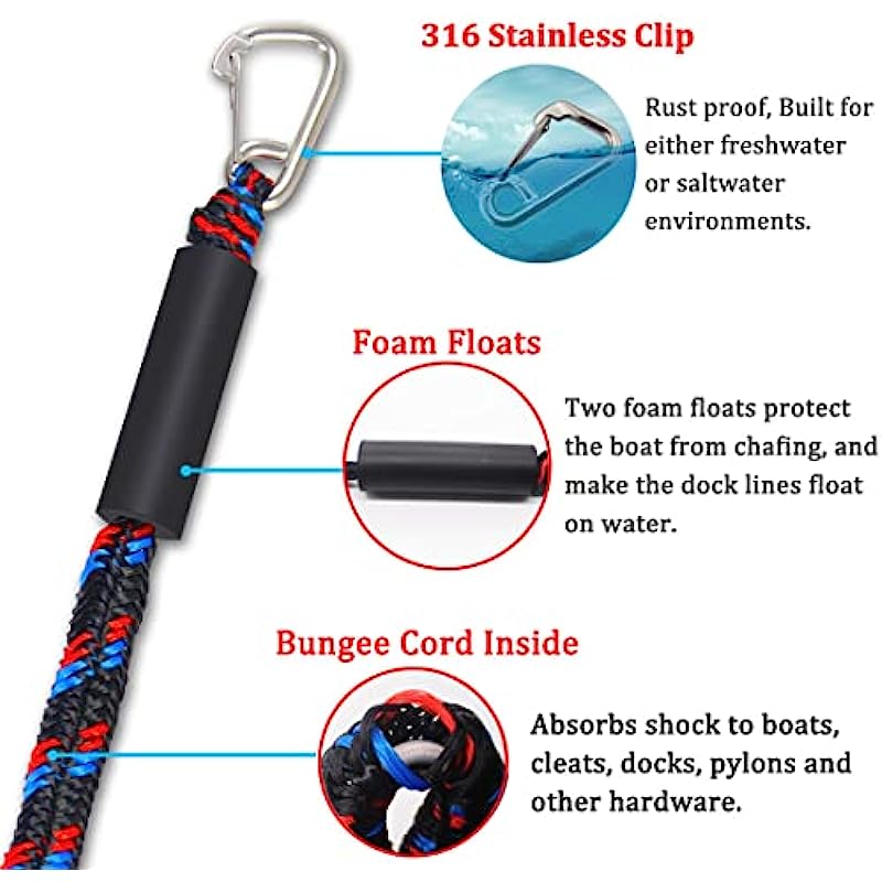 2PCS Bungee Dock Line for Boat, 4FT Mooring Rope with Hook for