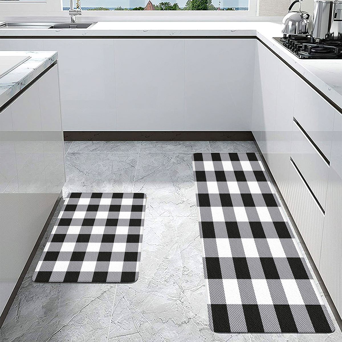 Kitchen Floor Mat Black White Gray Checkered Printed Rug - Temu
