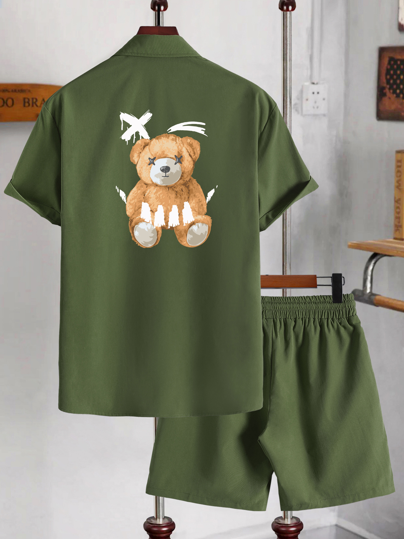 Smile Bear Print, Men's Outfits, Button Up Short Sleeve Shirt