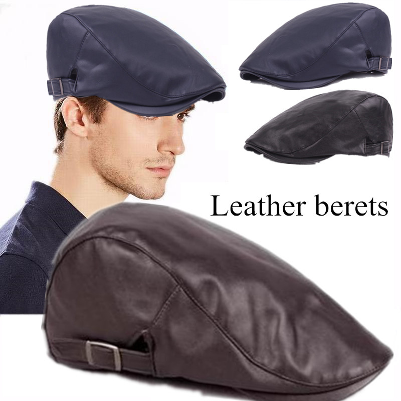 Boina de cuero para hombre, gorro plano, ajustable, de alta