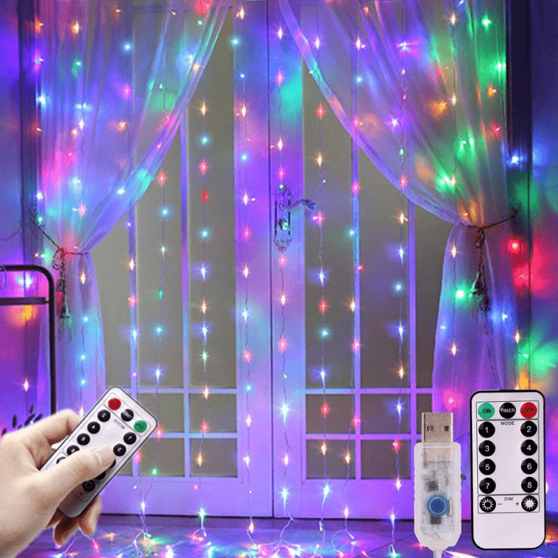 1PCS 9.8ft X 9.8ft 300 LED 8 Lighting Modes Fairy Copper Light With Remote Colorful Window Curtain String Lights, USB Powered Waterproof For New Year Christmas Bedroom Party, Wedding Home Garden Wall Decorations, Ramadan Decoration