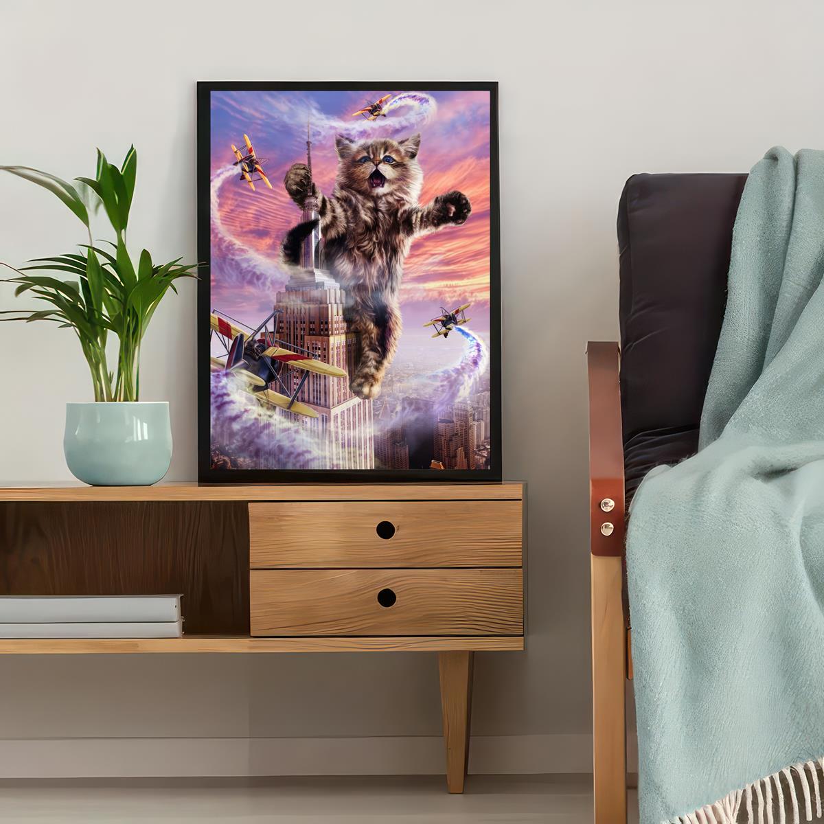 Funny Cat Plane High Rise Building Canvas Wall Art