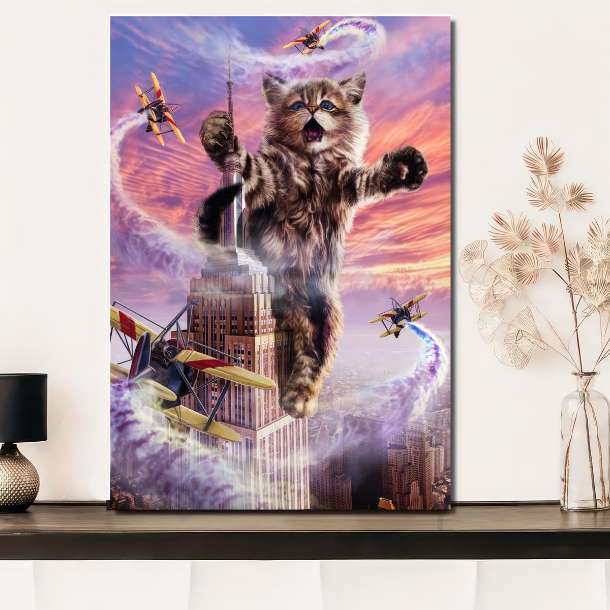 Funny Cat Plane High Rise Building Canvas Wall Art