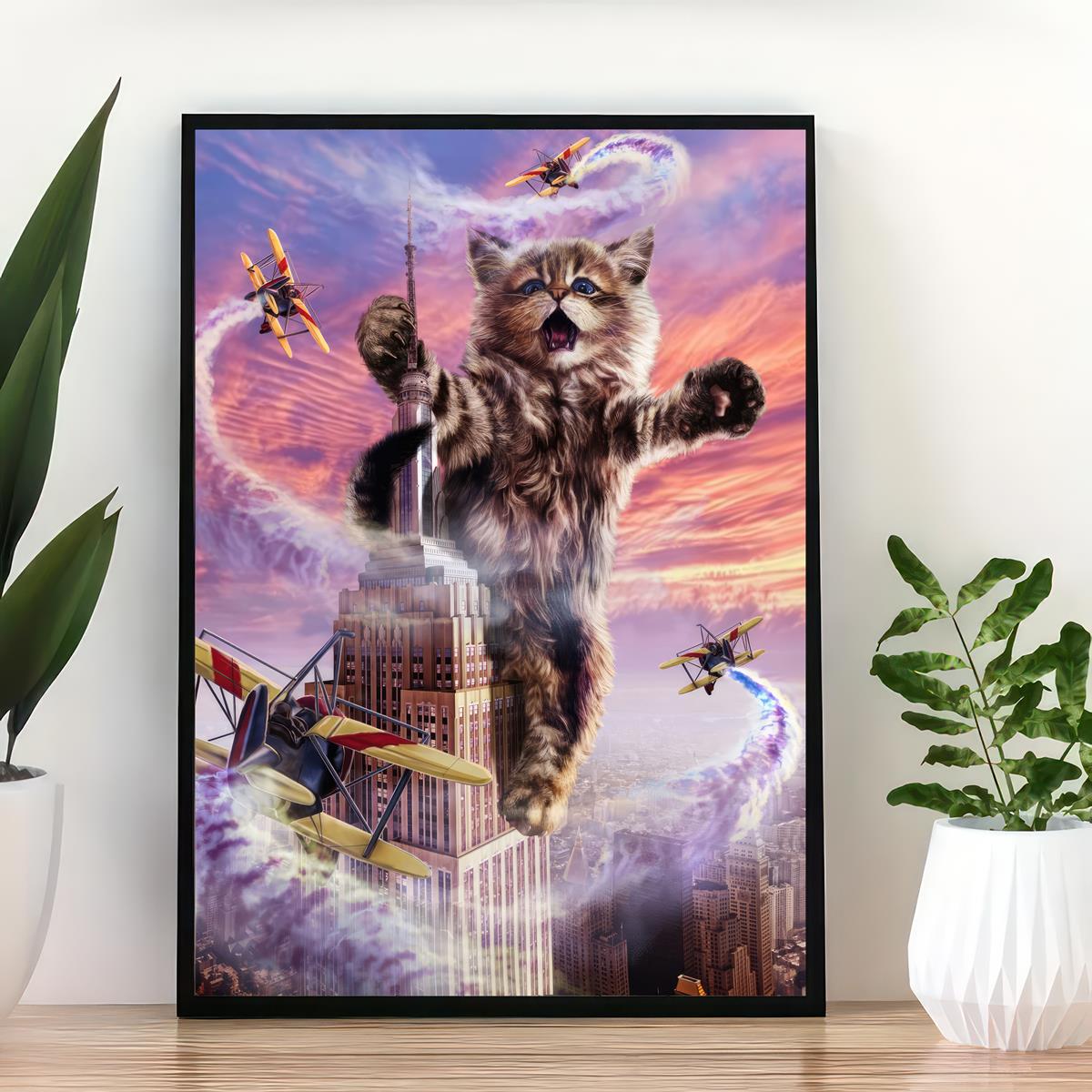 Funny Cat Plane High Rise Building Canvas Wall Art