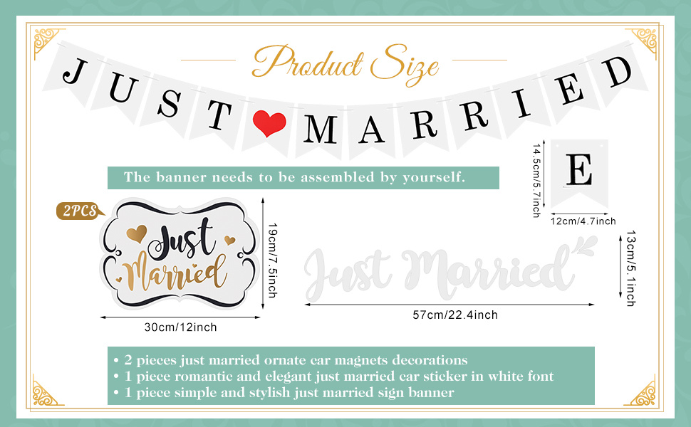 4 Sets Just Married Car Decorations Just Married Ornate Car Magnets 12 x  7.5, Just Married Car Wedding Day Car Window Decals 5.1 x 22.4 (White)