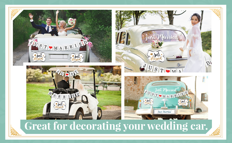 4 Sets Just Married Car Decorations Just Married Ornate Car Magnets 12 x  7.5, Just Married Car Wedding Day Car Window Decals 5.1 x 22.4 (White)