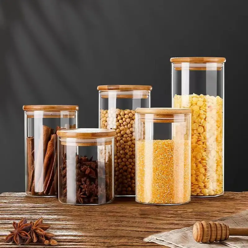 Clear High Borosilicate Glass Candy Jars With Bamboo Lids