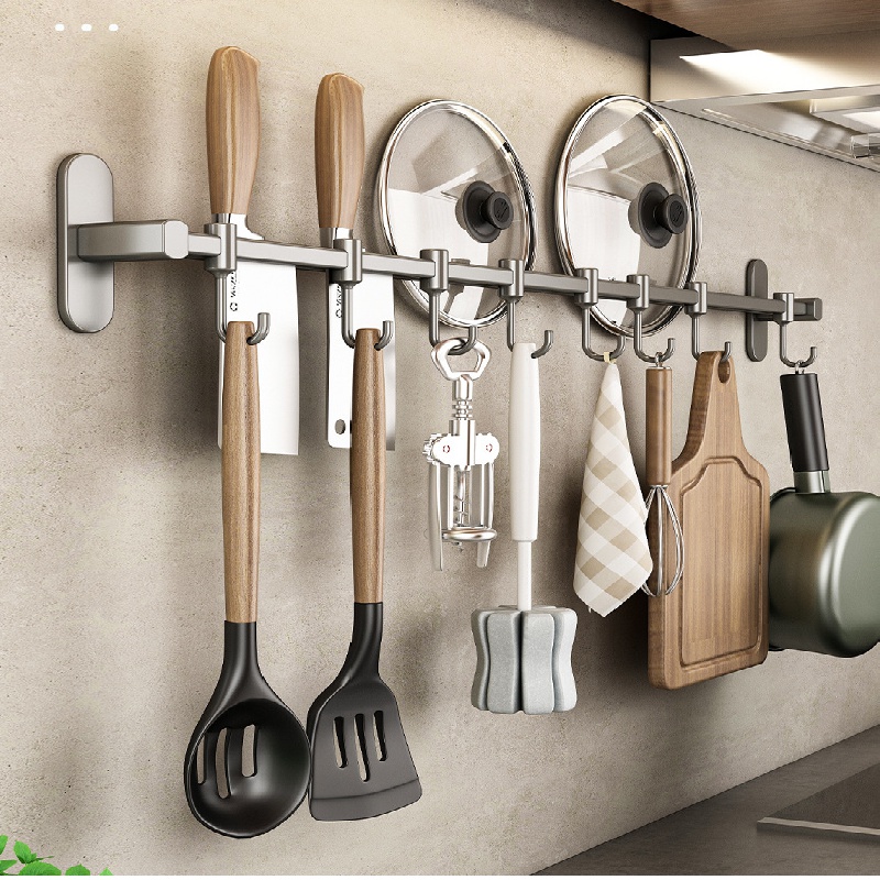 Ruanlalo Utensil Holder,Utensil Holder Space-saving Wall-mounted 6 Movable  Hooks No Drilling Hanging Kitchen Spoon Shovel Storage Rack Daily Use