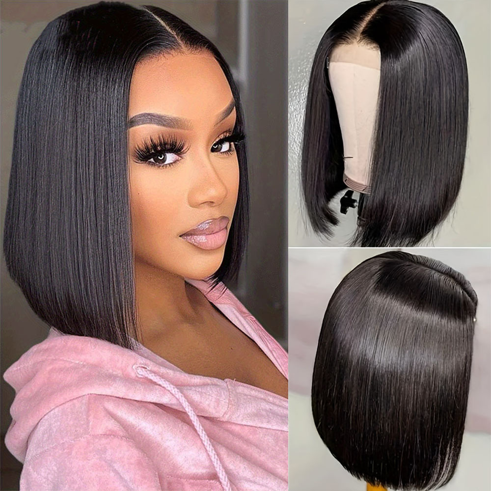 Perucas Bob curtas sem cola para mulheres negras, cabelo humano lace  frontal, perucas de cabelo virgem brasileiro não processado, perucas com  tela frontal 4x4, fecho de renda, Bob