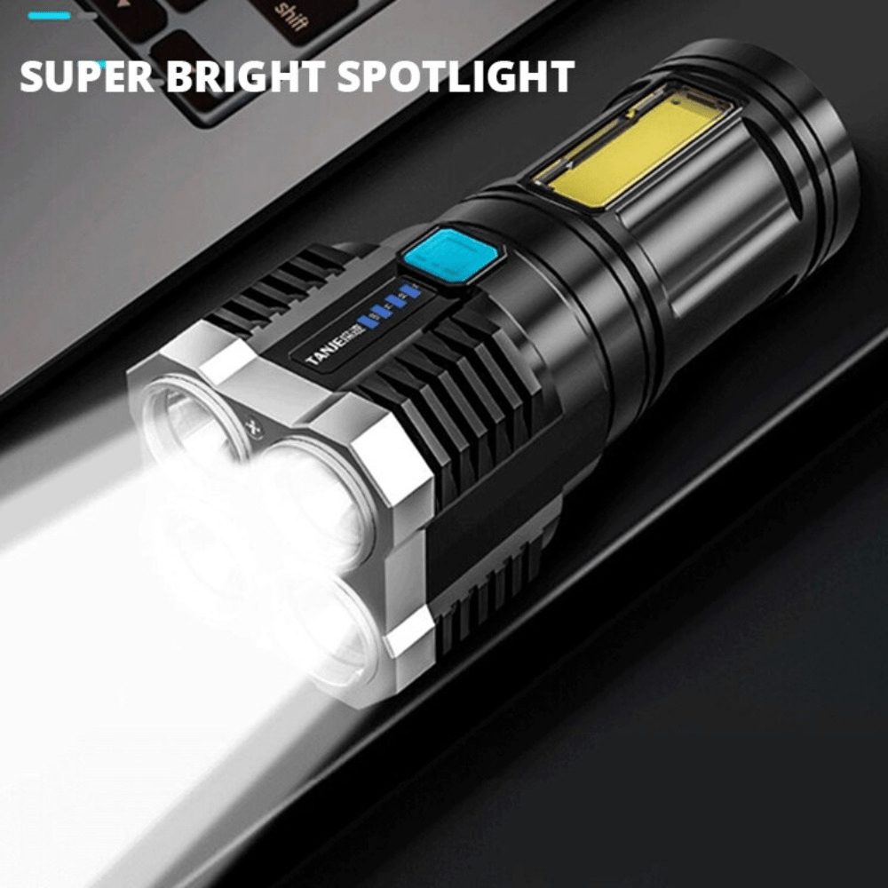 1 pza Linterna LED de alta potencia, Linterna para acampar con 4 focos LED  y luz lateral de COB, Lámpara portátil recargable, 4 modos de iluminación