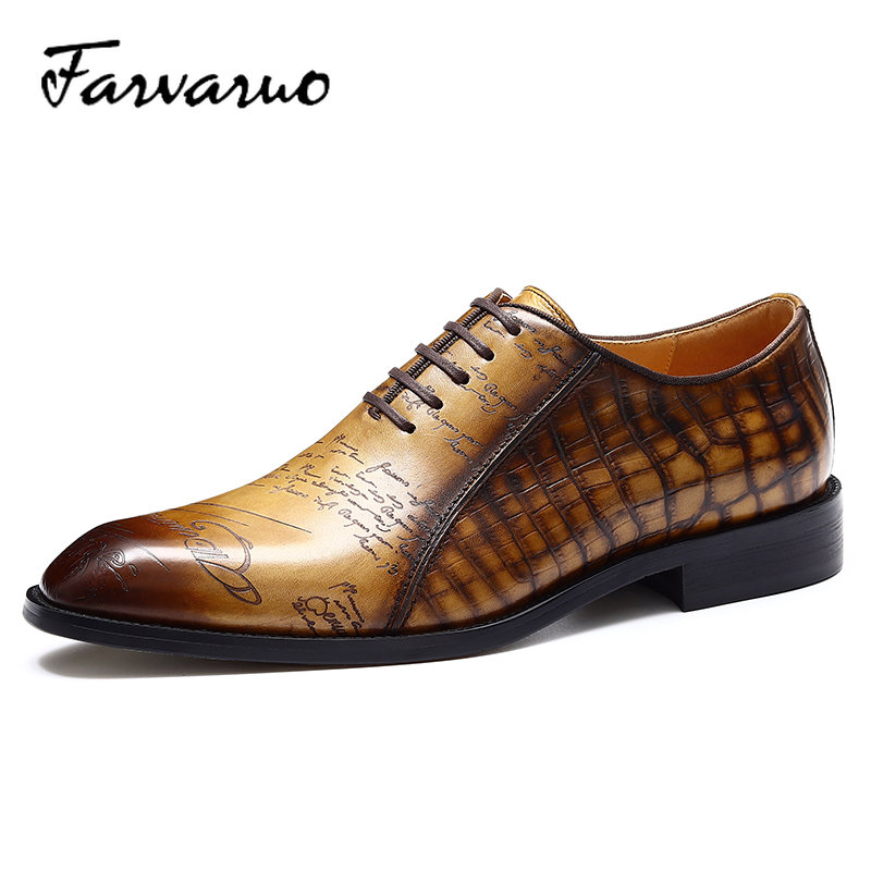 Men's Pointed Toe Letter Crocodile Print Lace-up Oxford Shoes