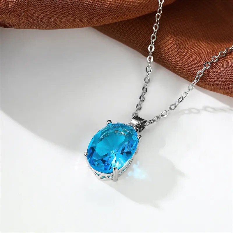 blue oval zircon inlaid pendant necklace gorgeous neck chain jewelry accessory for women 3