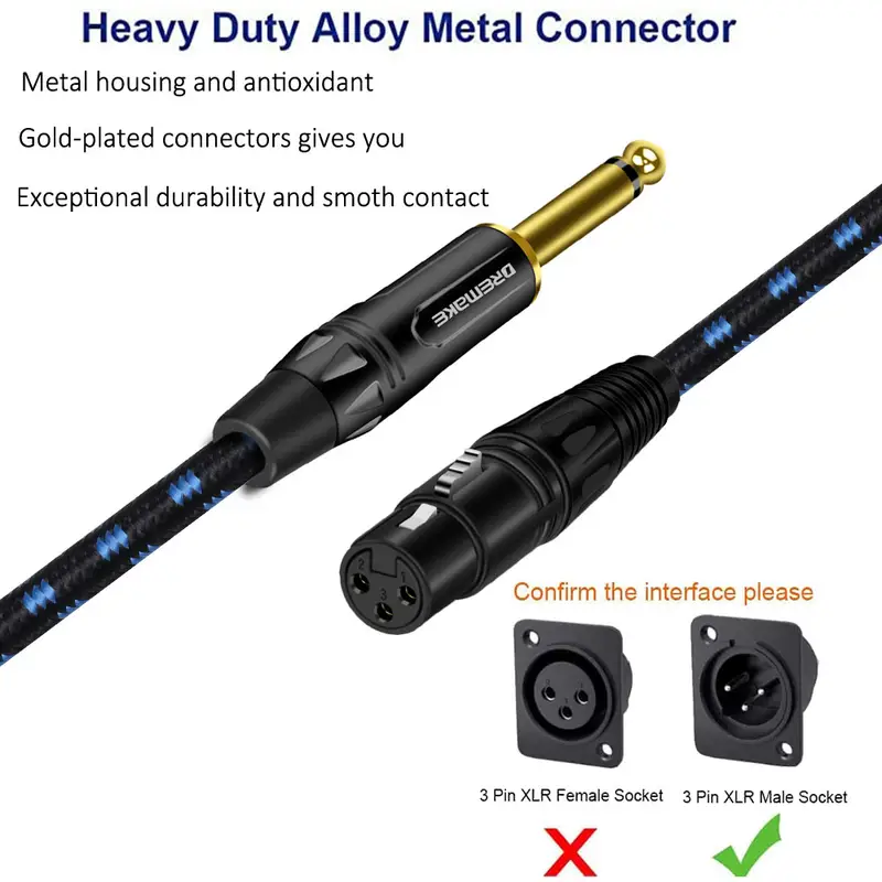 XLR Cable Mic Cord Jack 6.35mm 6.5mm Male to XLR Male 6.3mm to XLR  Microphone Audio Cable for Speaker Guitar Amplifier (Color : Blue, Length :  2m)