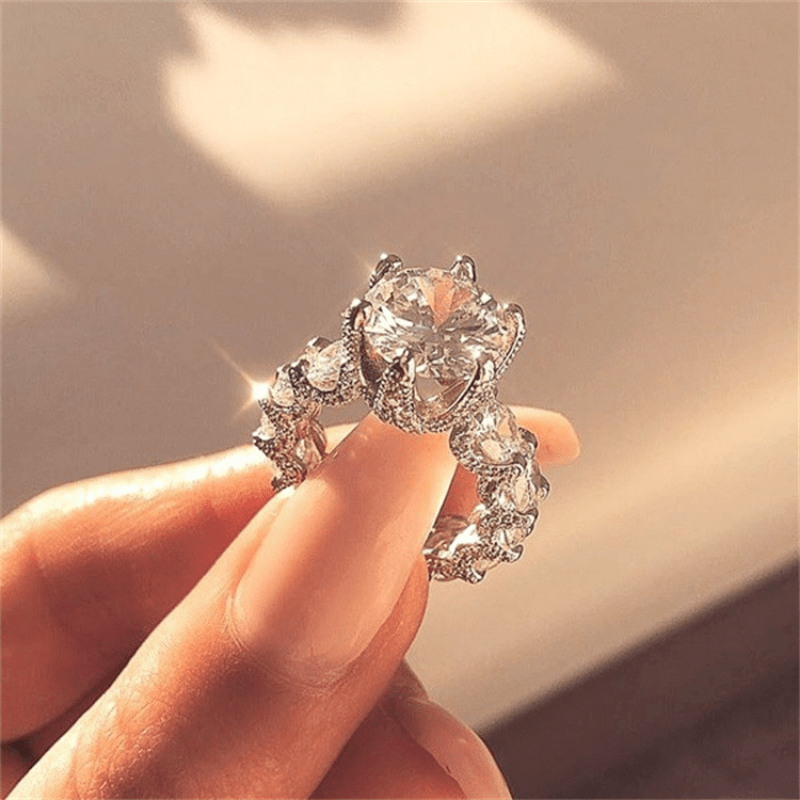 Promise Ring Silver Plated Shining Band, Inlaid Zircon Engagement Jewelry