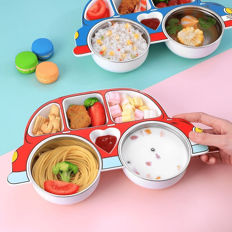 4pcs Divided Grid Dinner Plate With Lid Stainless Steel Bowl Set