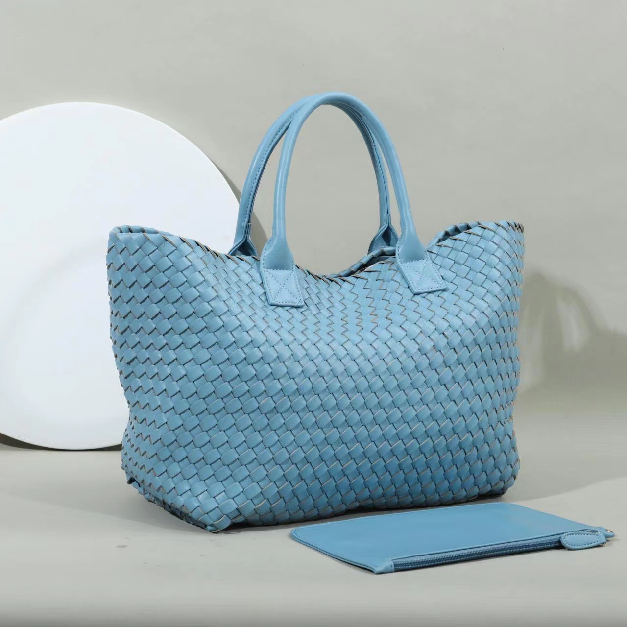 Designer Leather Blue White Large Tote Handbag