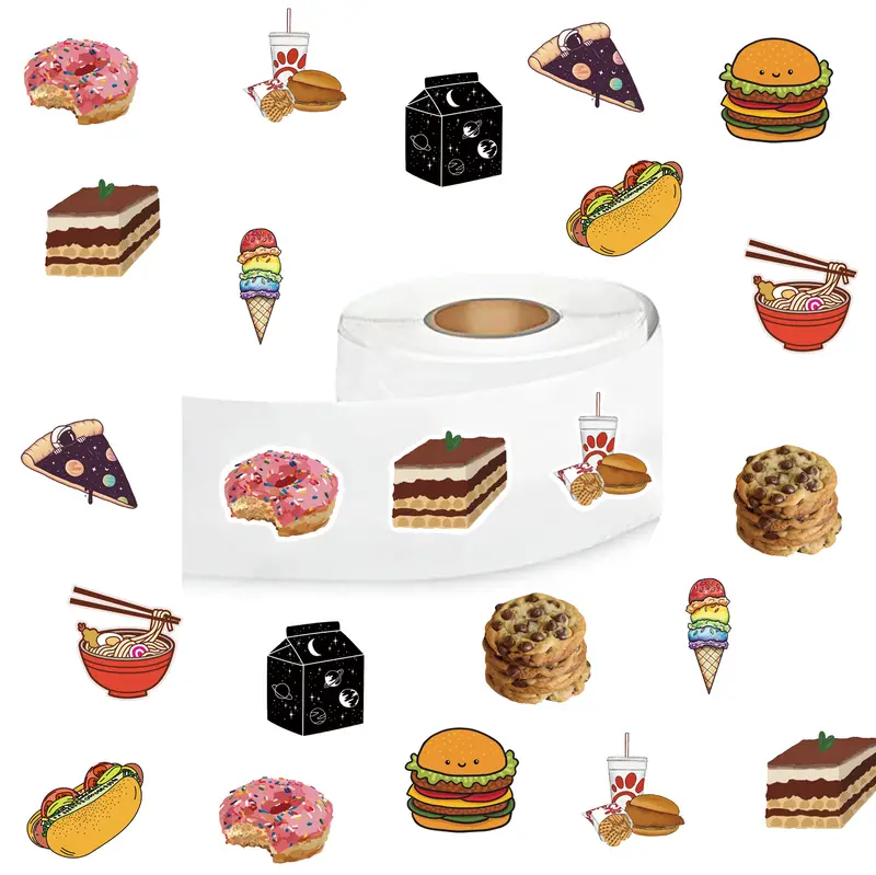 500Pcs Tasty Food Stickers, Cute Cartoon Decals Rolls Self Adhesive Seals  For Scrapbooking Cards Envelopes Handmade， Gifts For Kids Teens Adults Party
