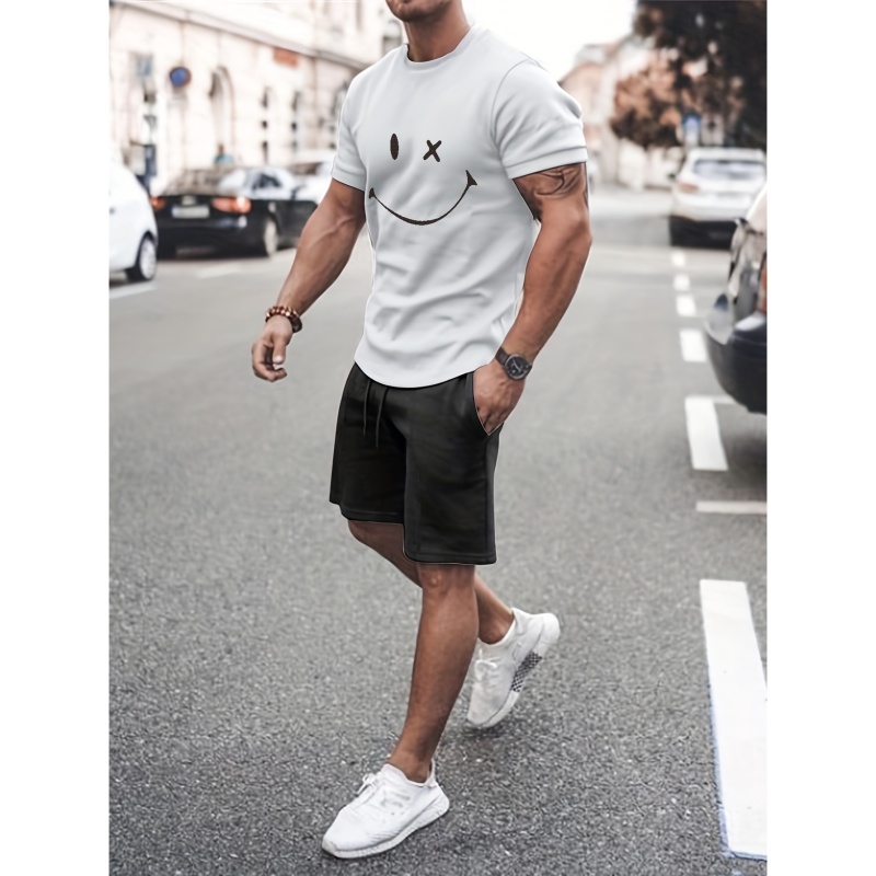 Plus Size Trend Smile Expression Graphic Men's 2 Pieces Outfit Short Sleeve T Shirt And Drawstring Shorts Set Holiday Lounge Sports Leisure Suit