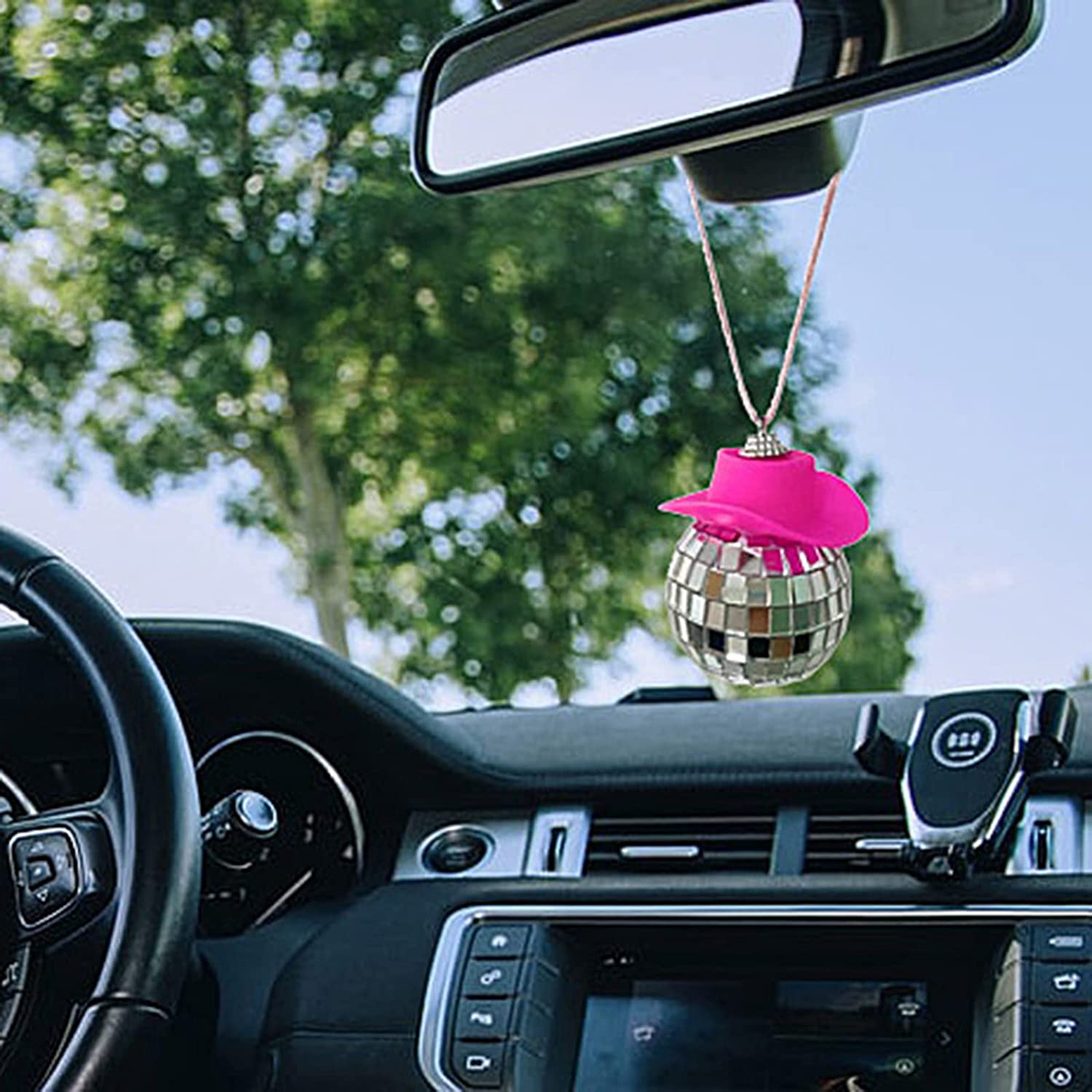 Pink Cowgirl CowBoy Hat Car Charm Rear View Mirror Hanging Disco Ball Bling  Keyc