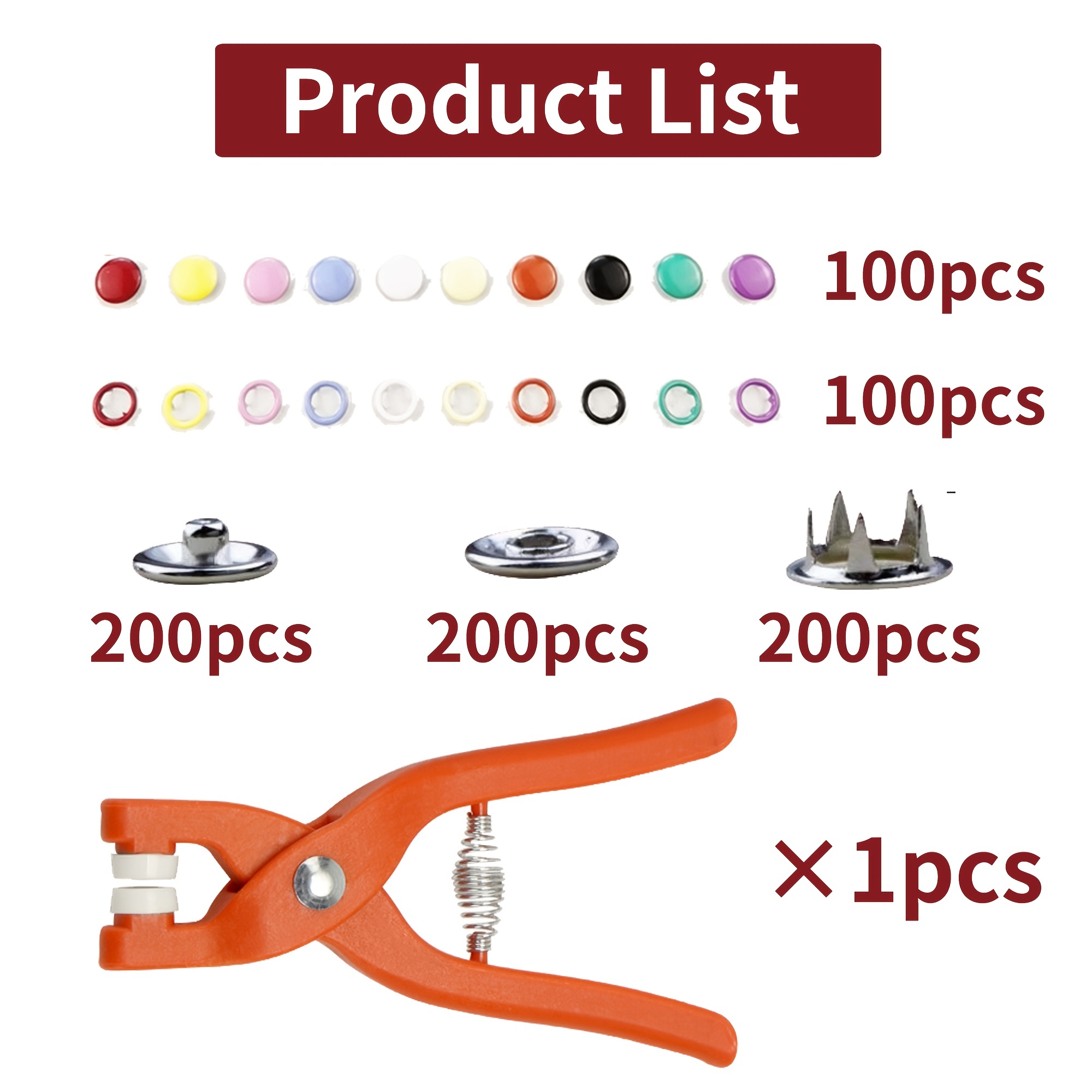 100PCS Metal Ring Button Snap Studs Fastener w/hand pressing pliers Tool Kit