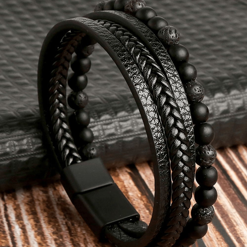 

Premium Elegant Versatile Cool Black Bracelet, Natural Lava Stone Pu Leather Bracelet, Multi Layers, Men Women Casual Leisure Hip Hop Style Fashion Jewelry, Gift