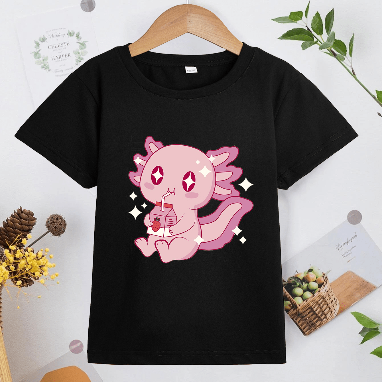 Girls' Cute Axolotl Drinking Strawberry Milk Graphic Short Sleeve T-Shirt Tops Casual Comfy Fit Tee Shirt Gift Clothes For Kids