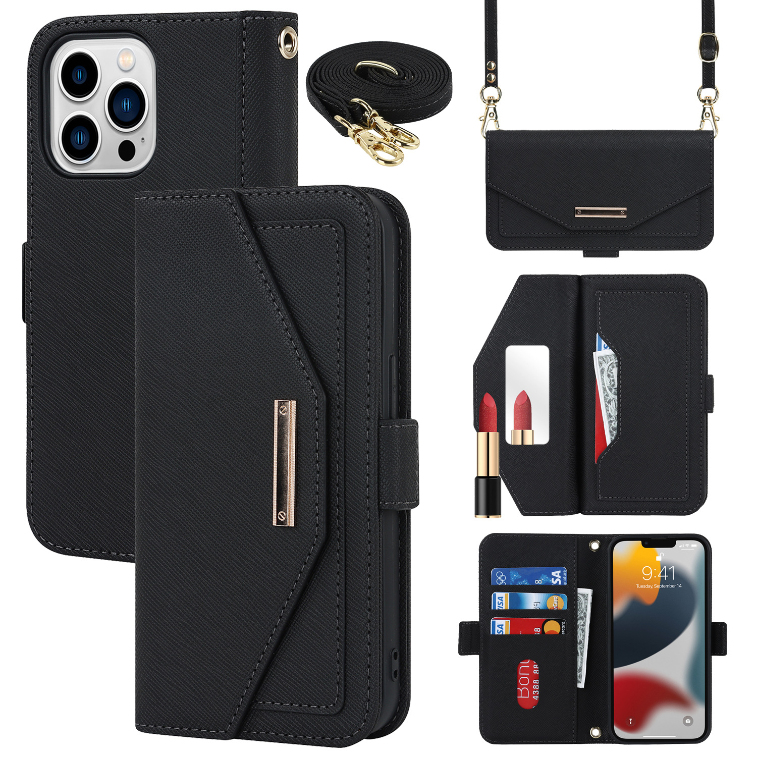 Stylish Crossbody Wallet Phone Case For Iphone 14 Pro Max (6.7
