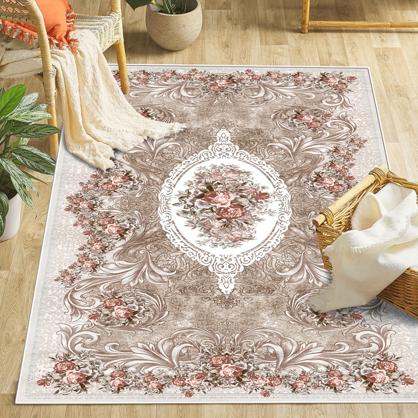 Area Rug Living Room Rugs: 2x3 Washable Oriental Persian Carpet for Bedroom  Under Dining Table Small Farmhouse Floral Distressed Indoor Non Slip Decor