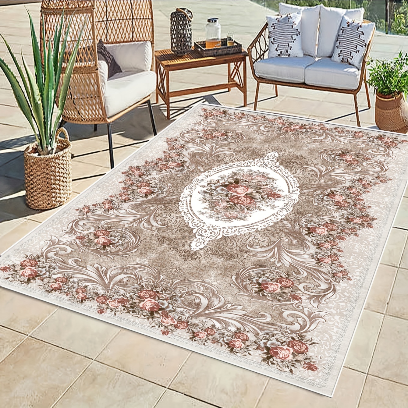 Bungalow Rose Madeus x Area Rug Persian Rug Foldable Thin Rug Chenille Grey Floral Print Accent Rug Retro Indoor Door Mat Non Slip Carpet Kitchen Living Room Bedroo