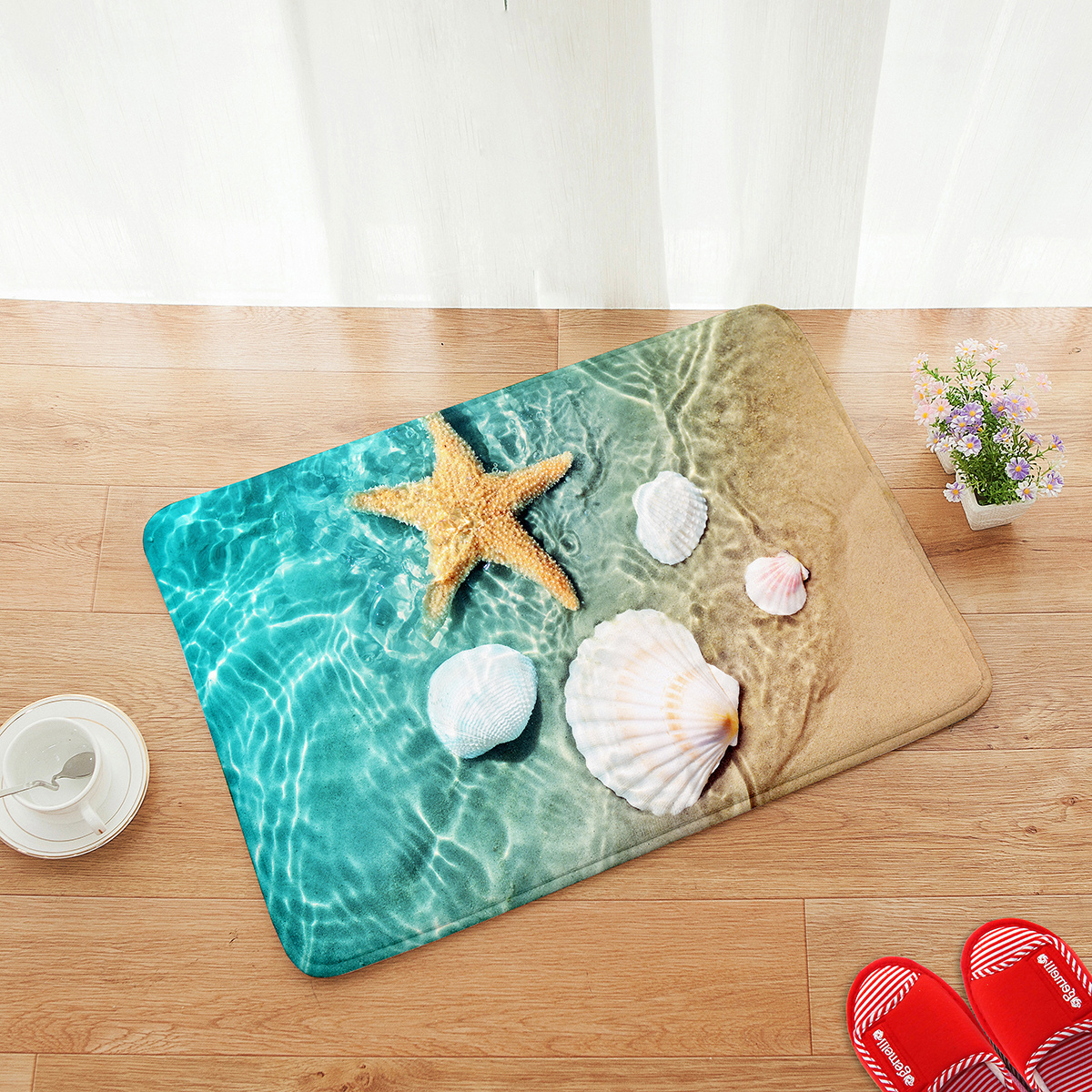 1pc non slip bath rugs sponge foam rug   flannel mat bright 3d print rug seashell print mats for laundry room and kitchen beach   scallop decor carpet details 0