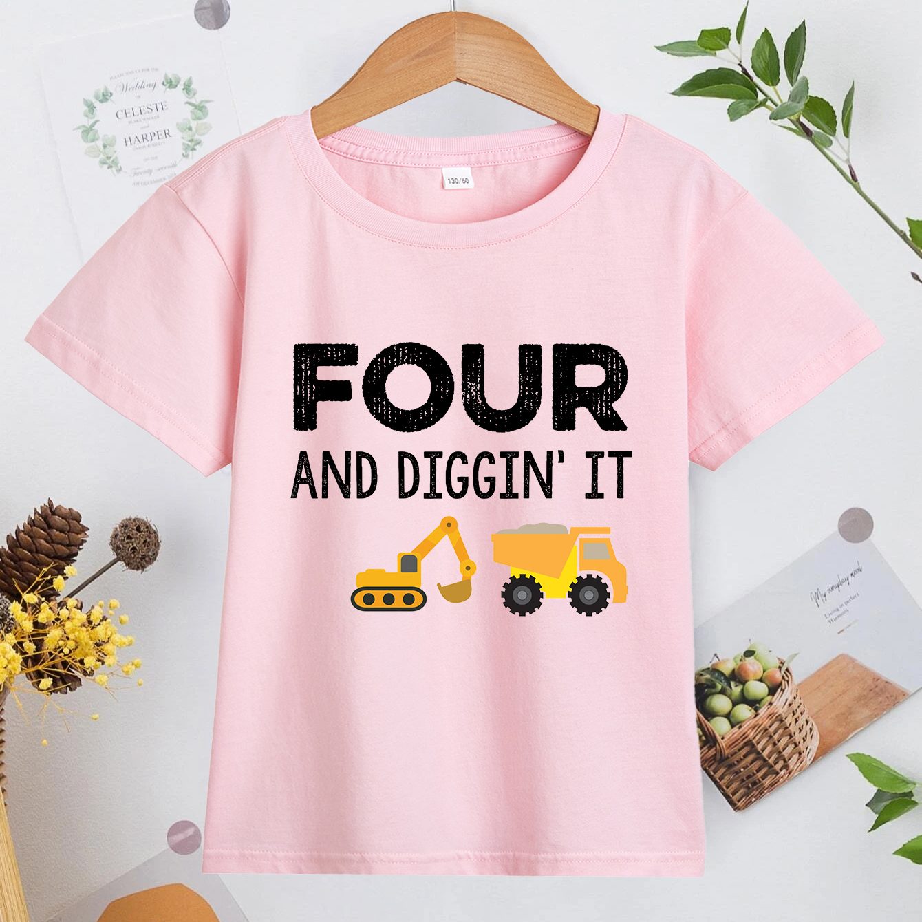 

4 And Digging It 4th Birthday Print Boys Creative T-shirt, Casual Lightweight Comfy Short Sleeve Tee Tops, Kids Clothings For Summer