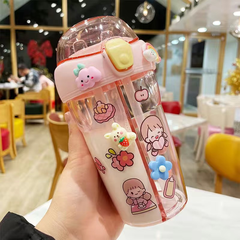 Cute Drinking Cup Creative Straw Interesting Children and Girls Summer Ice  Cream Transparent Double Layer Plastic Gift Bottle