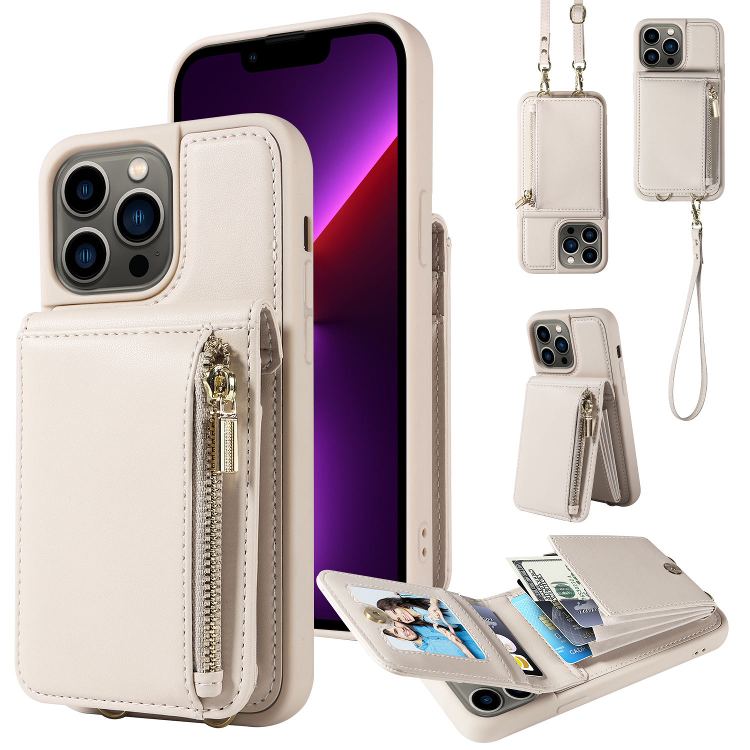 For Iphone 14 Plus 13 12 11 Pro Max Wallet Case With Card Holder, Pu  Leather Case With Ring Stand Detachable Wrist Strap - Temu Bahrain