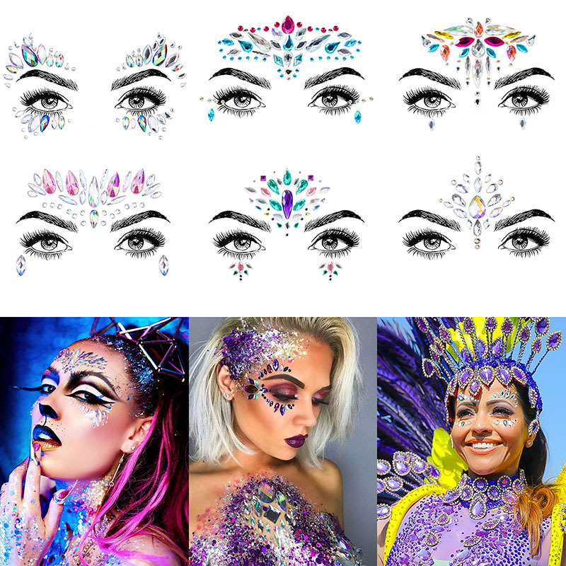 6 pezzi donne sirena viso gemme glitter, strass viso gioielli, cristalli  adesivi viso, occhi viso corpo tatuaggi temporanei