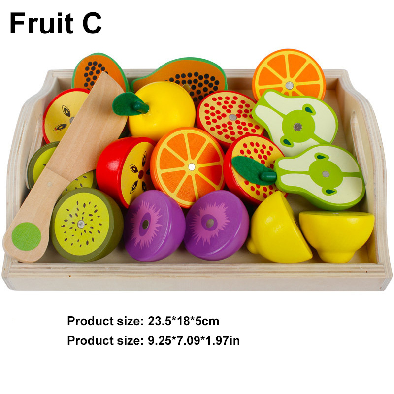 Take Me Away Wooden Cutting Fruit Vegetables Set for Kids - Pretend Play Food Toy Set with Wooden Knife and Tray Learning Toys for Toddlers (Fruit-E)