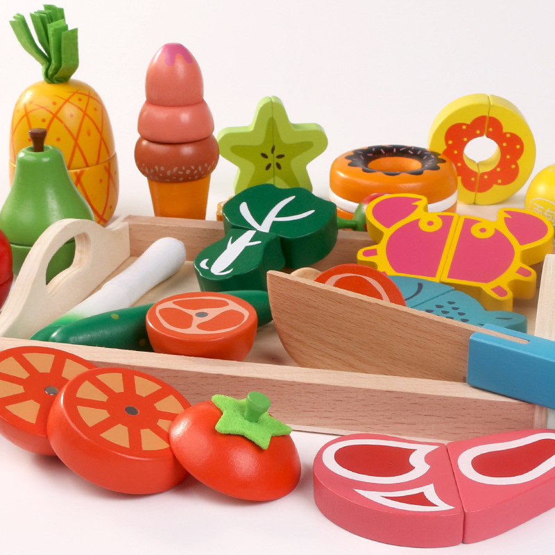 Take Me Away Wooden Cutting Fruit Vegetables Set for Kids - Pretend Play Food Toy Set with Wooden Knife and Tray Learning Toys for Toddlers (Fruit-E)