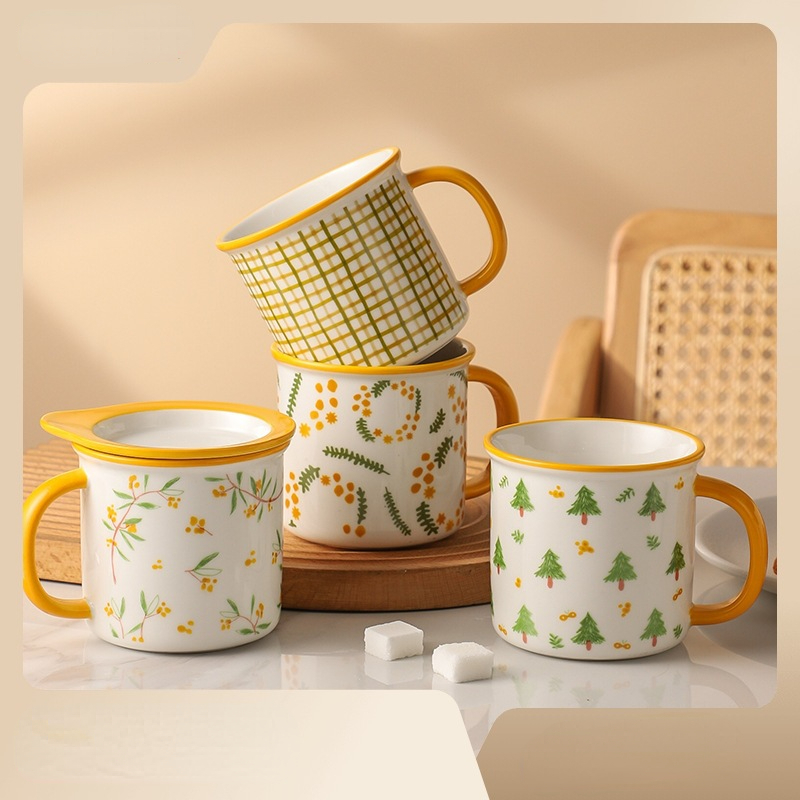 1pc 450ml Cute Coffee Mug For Girls With Lid & Spoon Ceramic Milk Breakfast  Cup, Cartoon Couple Mark Cup For Home Use